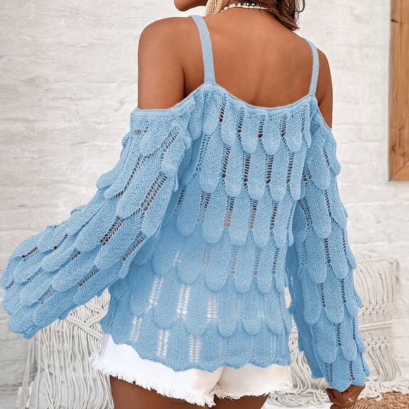 Cozy Boho Off Cold Shoulder Bell Flare Long Sleeve Pointelle Knit Sweater Top - Picture 7 of 13